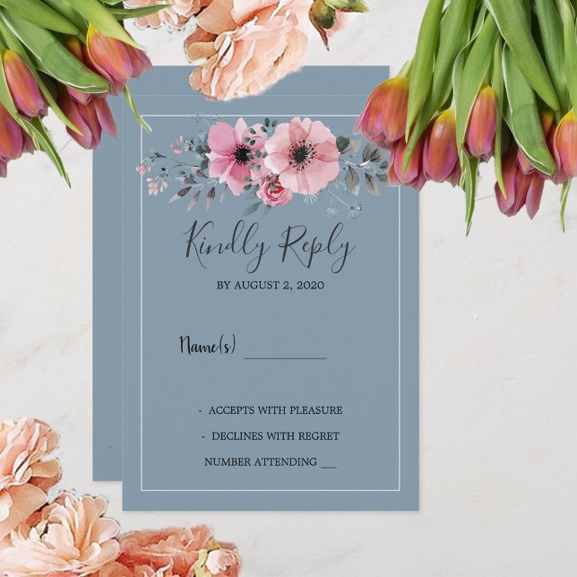 Rustic watercolor flowers dusty blue Wedding RSVP  Invitation (Rustic watercolor flowers dusty blue Wedding RSVP Invitation. You can add your own text.)
