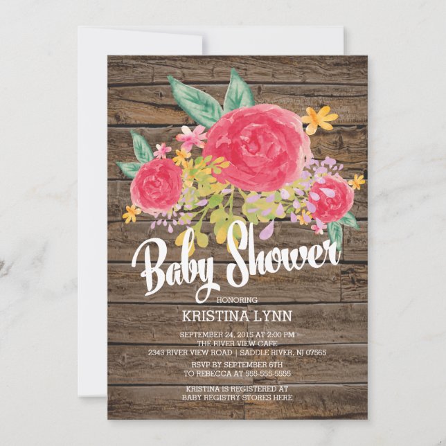 Rustic Watercolor Flowers Girls Baby Shower Invitation (Front)