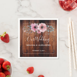 Rustic watercolor flowers on barn wood Wedding Napkin