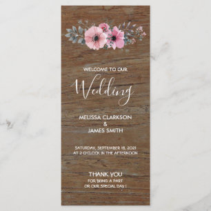 Rustic watercolor flowers on barn wood wedding program