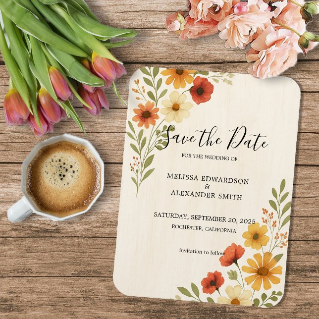 Rustic Watercolor flowers wedding Save the date Magnet (Rustic Watercolor flowers boho wedding Save the date flexible magnetic card.)