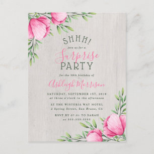 Rustic Watercolor Flowers & Wood   Surprise Party Invitation Postcard