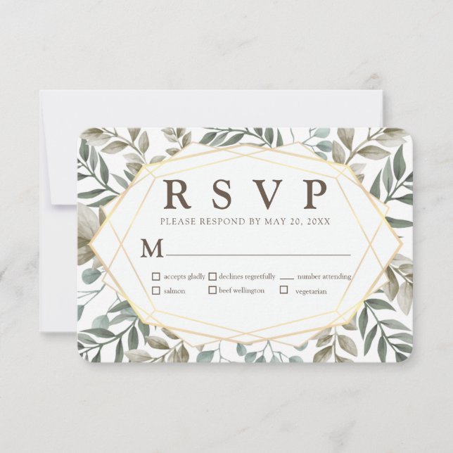 Rustic Watercolor Foliage Geometric Wedding RSVP Card (Front)