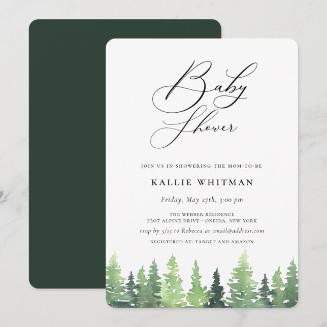 Rustic Watercolor Forest Baby Shower Invitation (Front/Back)