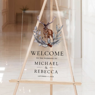 Rustic Watercolor Forest Deer Wedding Welcome Acrylic Sign