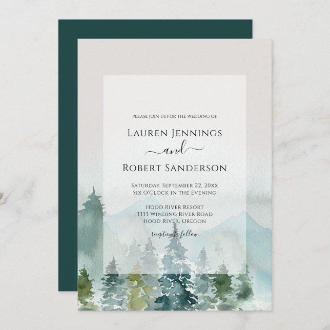 Rustic Watercolor Forest Pine Tree Wedding Invitation (Front/Back)