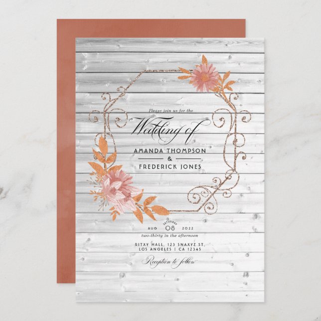 Rustic Watercolor Geometric Terracotta Wedding Invitation (Front/Back)