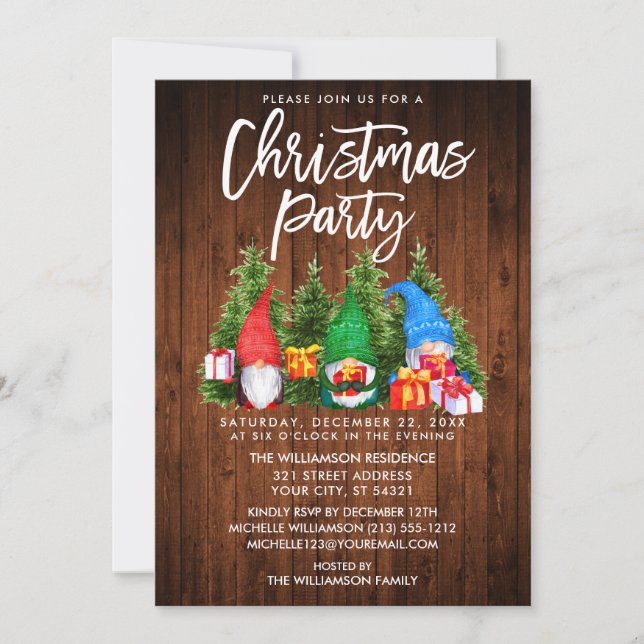 Rustic Watercolor Gnomes Christmas Party Invitation (Front)