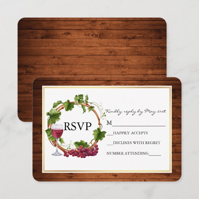 Rustic Watercolor Grape Vines Wood Wreath Wedding RSVP Card (Front/Back)