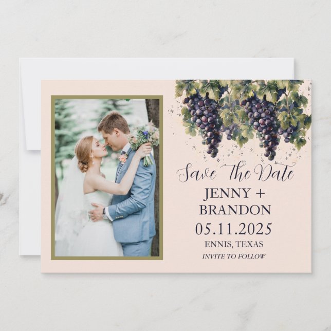 Rustic Watercolor Grapes Vineyard Photo  Save The Date (Front)