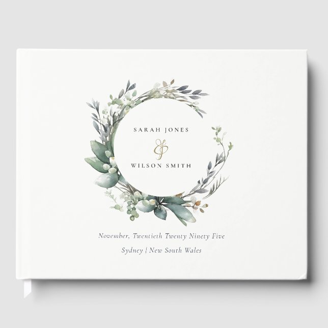 Rustic Watercolor Green Foliage Wreath Wedding Guest Book (Front)