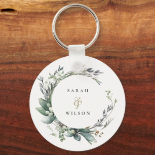 Rustic Watercolor Green Foliage Wreath Wedding Keychain