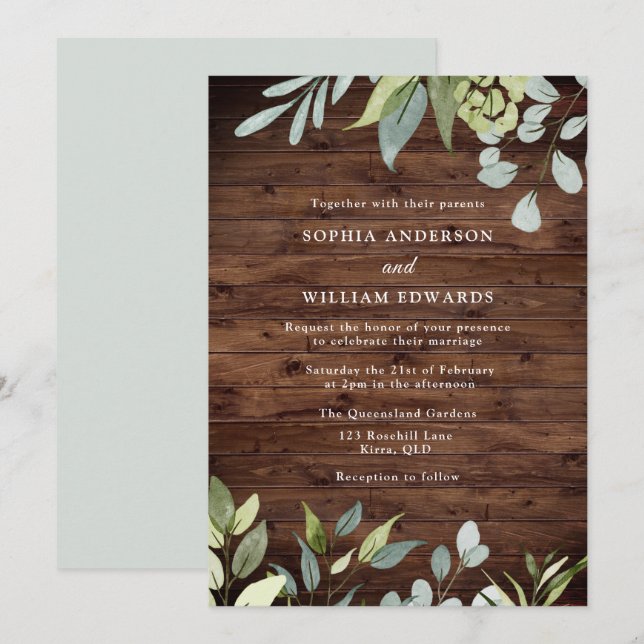 Rustic Watercolor Green Leaves Modern Wedding Invitation (Front/Back)