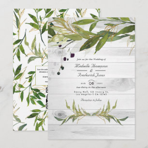 Rustic Watercolor Greenery Country QR Code Wedding Invitation