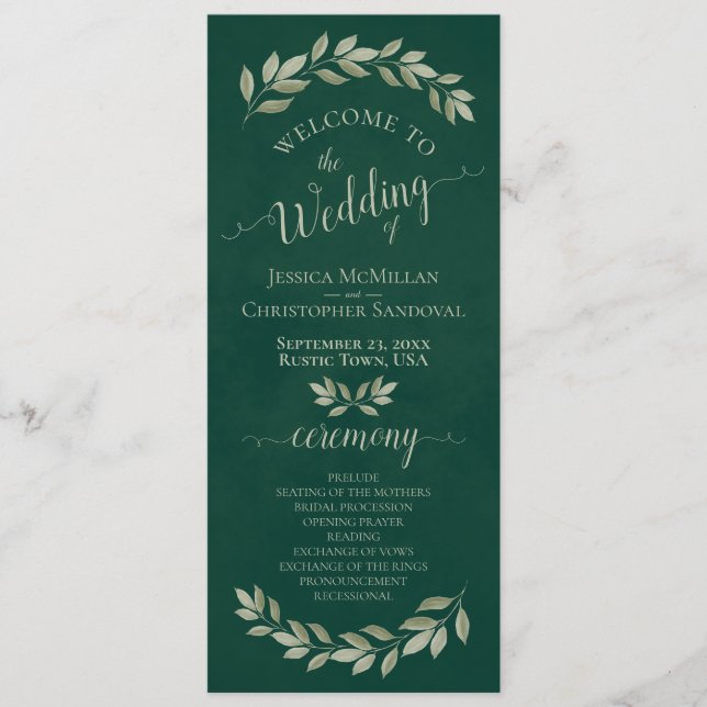 Rustic Watercolor Greenery Elegant Emerald Wedding Program (Front)
