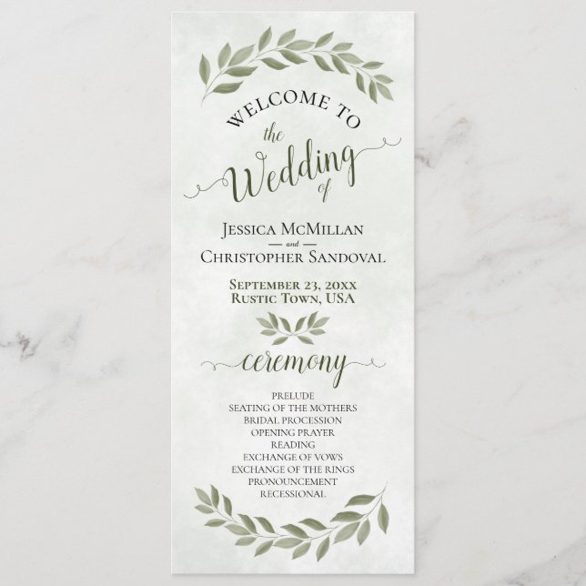 Rustic Watercolor Greenery Elegant Sage Wedding Program (Front)