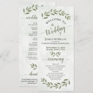 Rustic Watercolor Greenery Elegant Sage Wedding Program