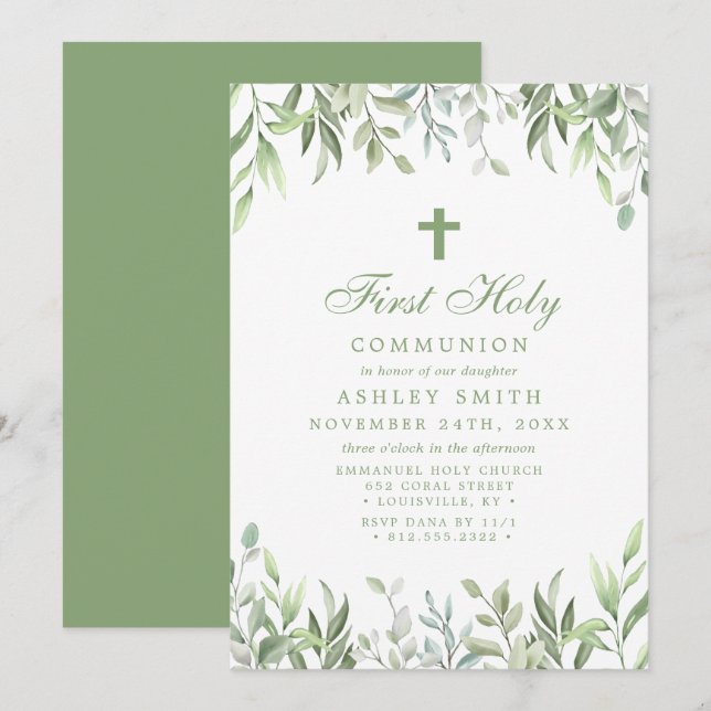 Rustic Watercolor Greenery Floral First Communion Invitation (Front/Back)