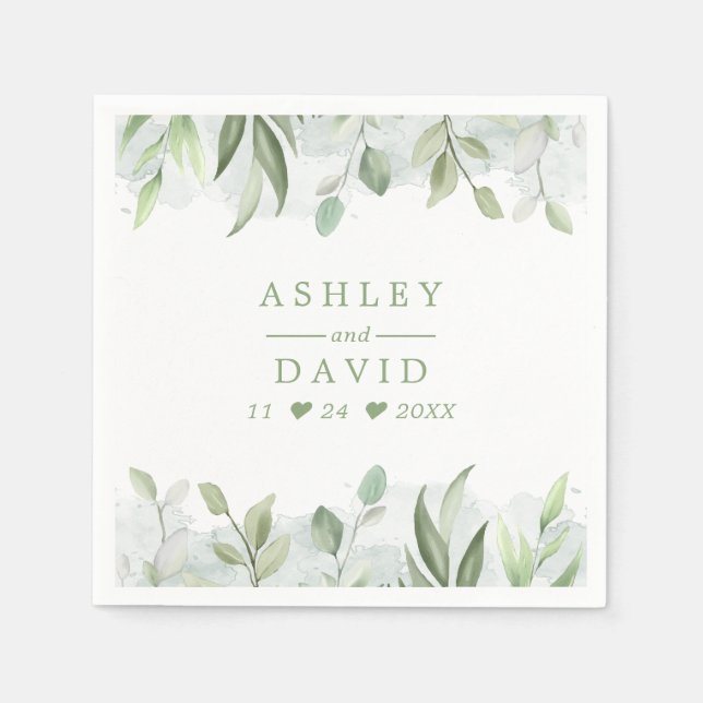 Rustic Watercolor Greenery Floral Wedding Napkin (Front)