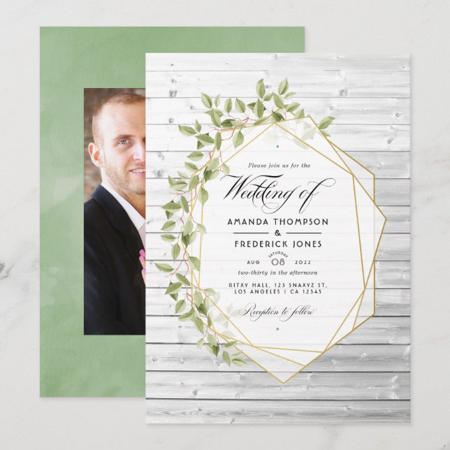 Rustic Watercolor Greenery Geometric Wedding Invitation (Front/Back)
