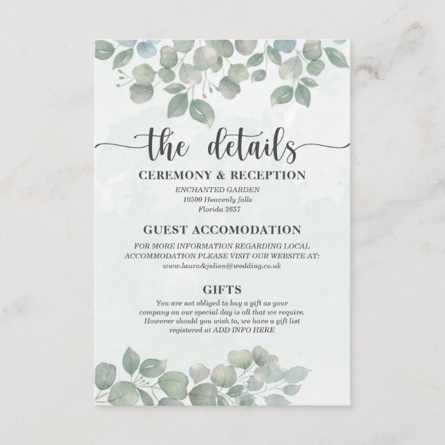 Rustic Watercolor Greenery Guest Information Enclosure Card (Front)