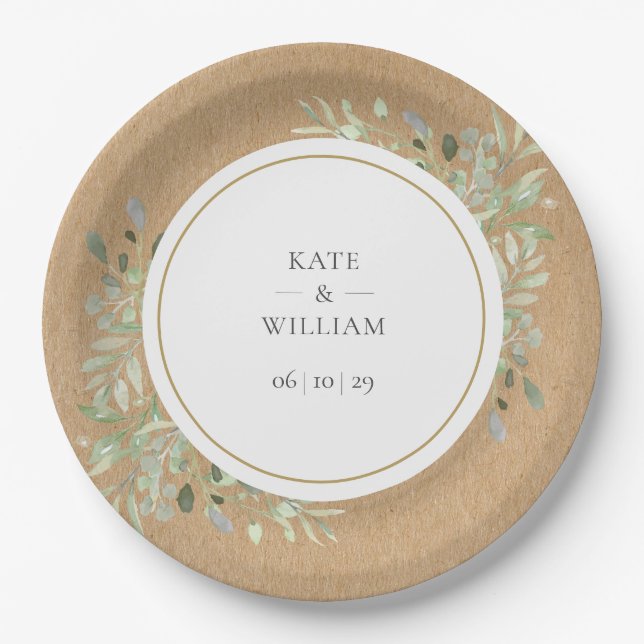 Rustic Watercolor Greenery Leaves Wedding Paper Plate (Front)
