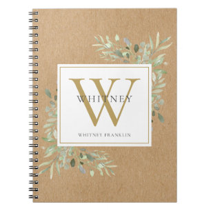 Rustic Watercolor Greenery Monogram Name Notebook