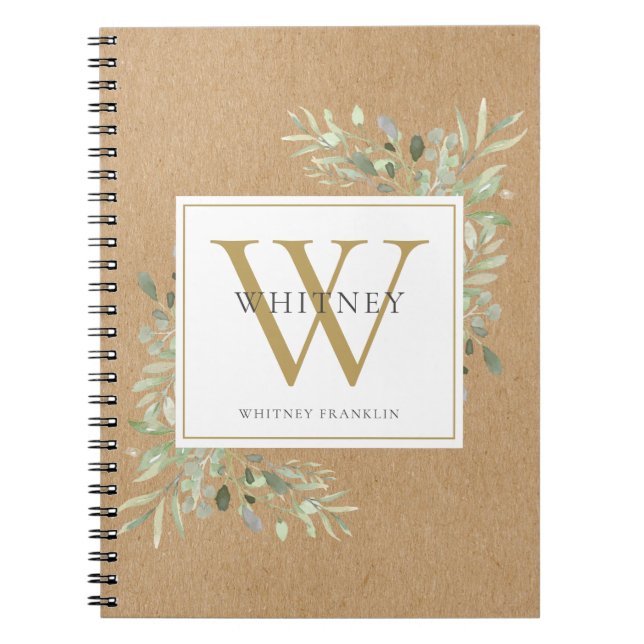 Rustic Watercolor Greenery Monogram Name Notebook (Front)