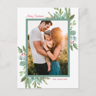 Rustic Watercolor Greenery Photo Merry Christmas Holiday Postcard