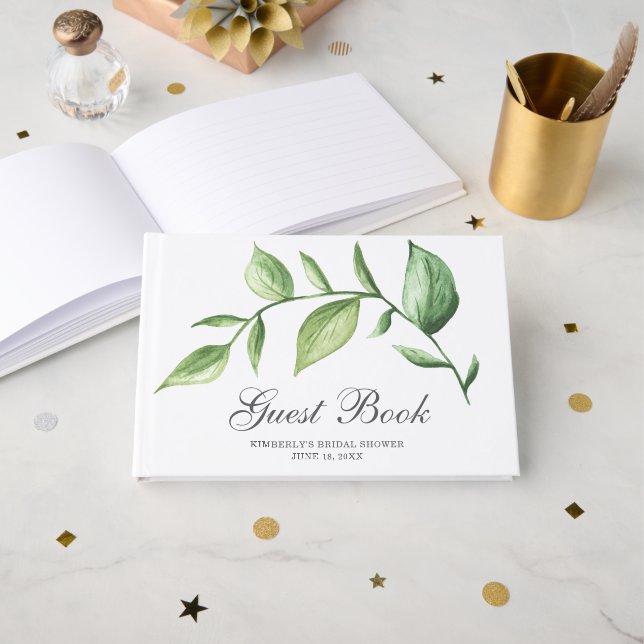 Rustic Watercolor Greenery Sprig Bridal Shower Guest Book (Front Open)