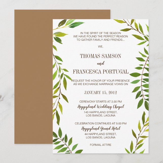 Rustic Watercolor Greenery Wedding Invitation Card (Front/Back)