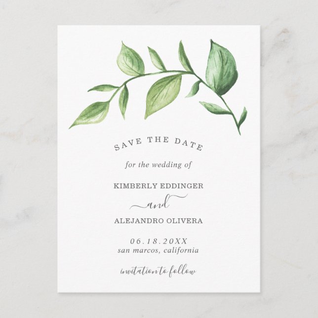 Rustic Watercolor Greenery Wedding Save the Date Announcement Postcard (Front)