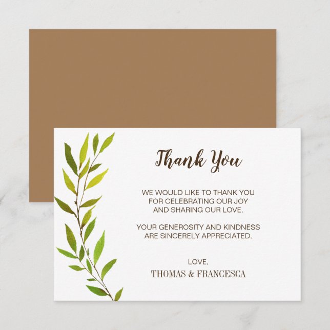 Rustic Watercolor Greenery Wedding Thank You Card (Front/Back)
