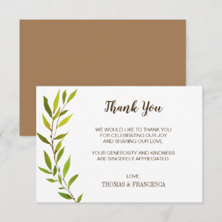 Rustic Watercolor Greenery Wedding Thank You Card