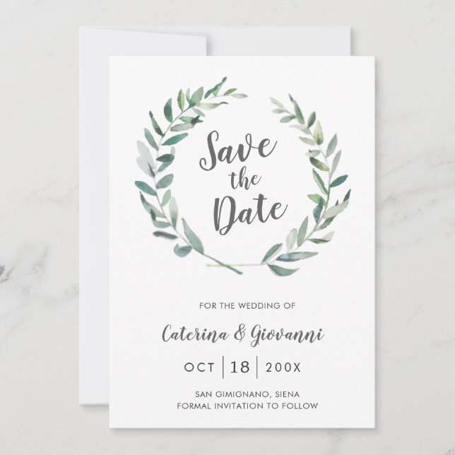 Rustic Watercolor Greenery Wreath Non Photo Save The Date (Front)