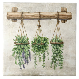 Rustic Watercolor Hanging Herbs with Twine Design Tile