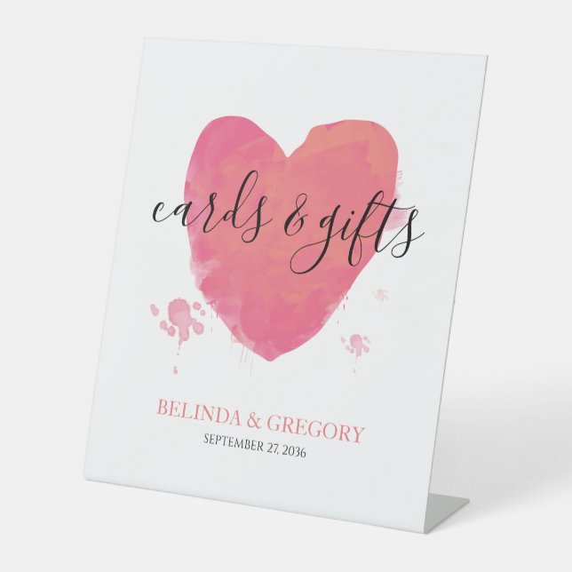 Rustic Watercolor Heart Wedding Cards & Gifts Pedestal Sign (Front)