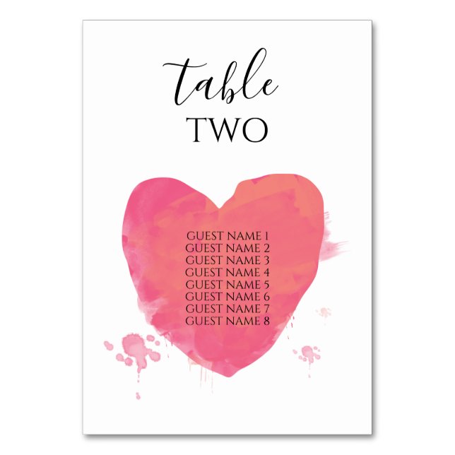 Rustic Watercolor Heart Wedding Guest Names Table Number (Front)