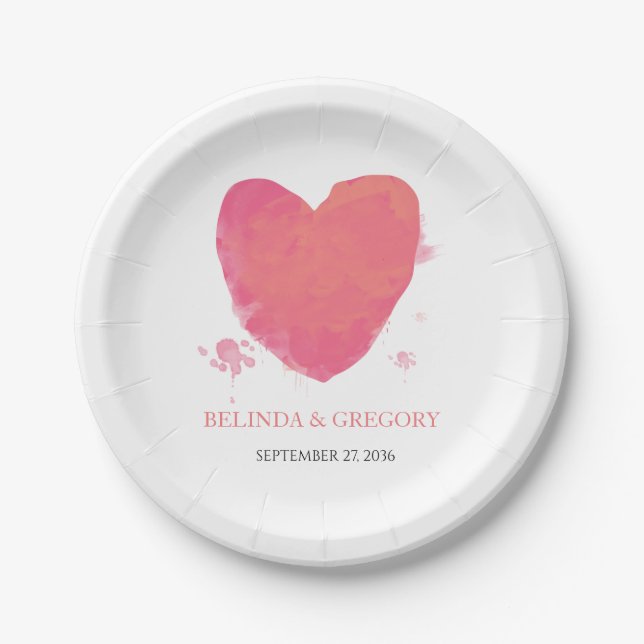 Rustic Watercolor Heart Wedding  Paper Plate (Front)