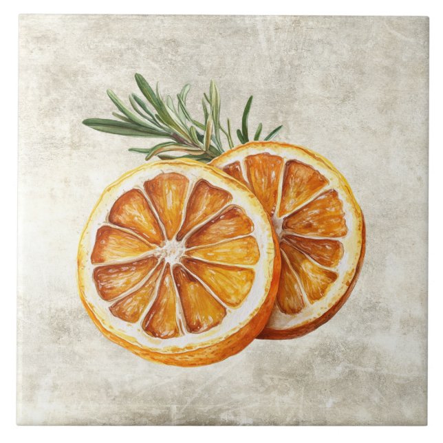 Rustic Watercolor Herb Rosemary Oranges  Tile (Front)