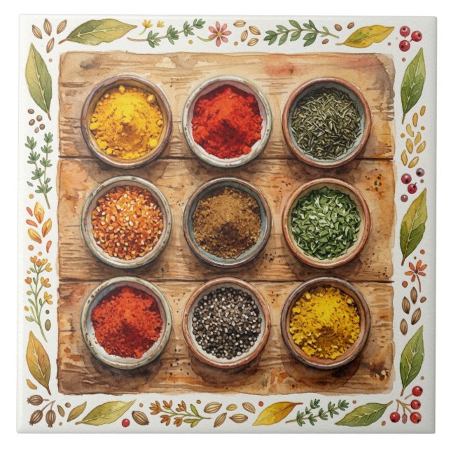 Rustic Watercolor Herbs and Spices Tile (Front)