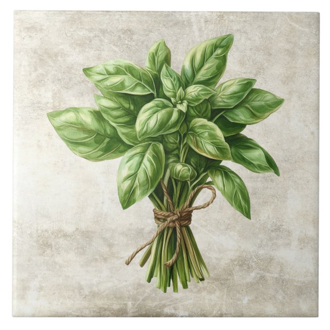 Rustic Watercolor Herbs Basil with Twine Design Tile (Front)
