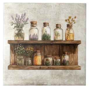 Rustic Watercolor Herbs in Jars Design Tile