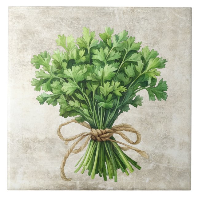 Rustic Watercolor Herbs Parsley with Twine Design Tile (Front)