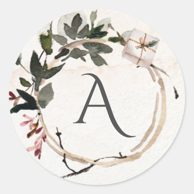 Rustic Watercolor Holiday Monogram Classic Round Sticker (Front)