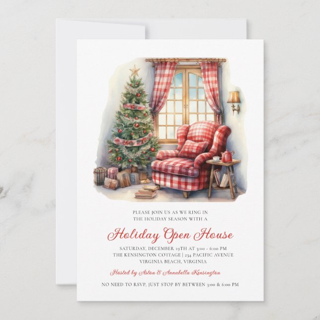 Rustic Watercolor Holiday Open House Invitation (Devant)