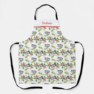 Rustic Watercolor Holly Pattern Merry Christmas Apron