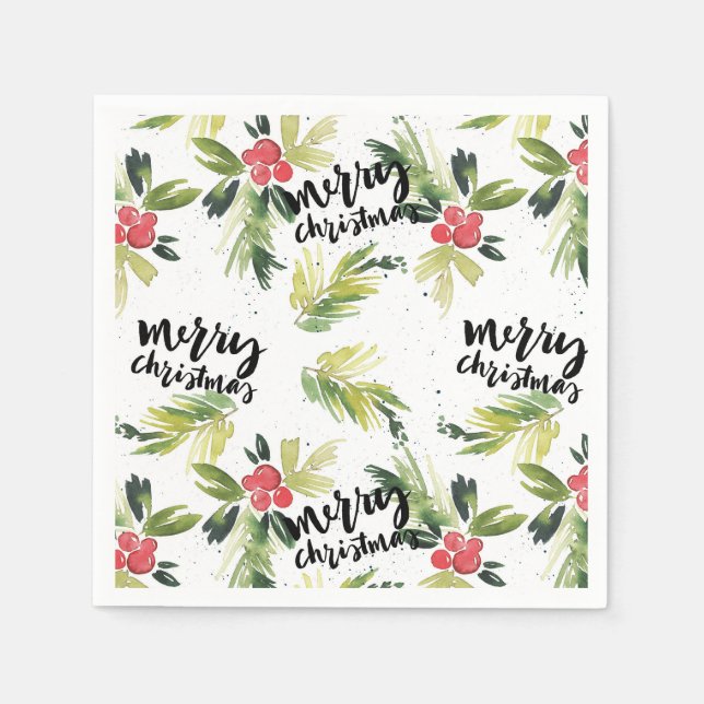 Rustic Watercolor Holly Pattern Merry Christmas Napkin (Front)