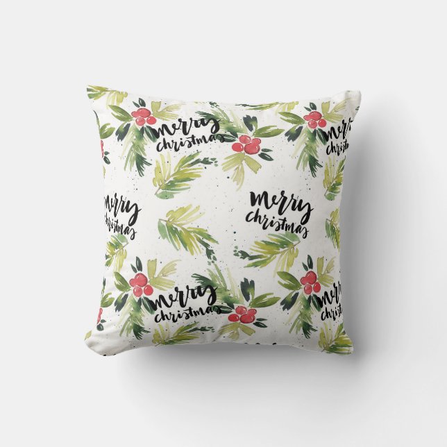 Rustic Watercolor Holly Pattern Merry Christmas Throw Pillow (Front)