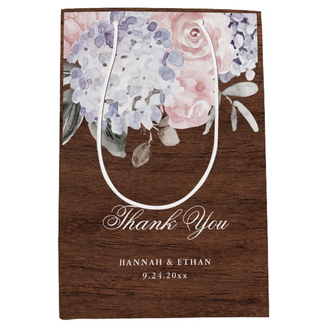 Rustic Watercolor Hydrangea Wood Look | Wedding Medium Gift Bag (Front)